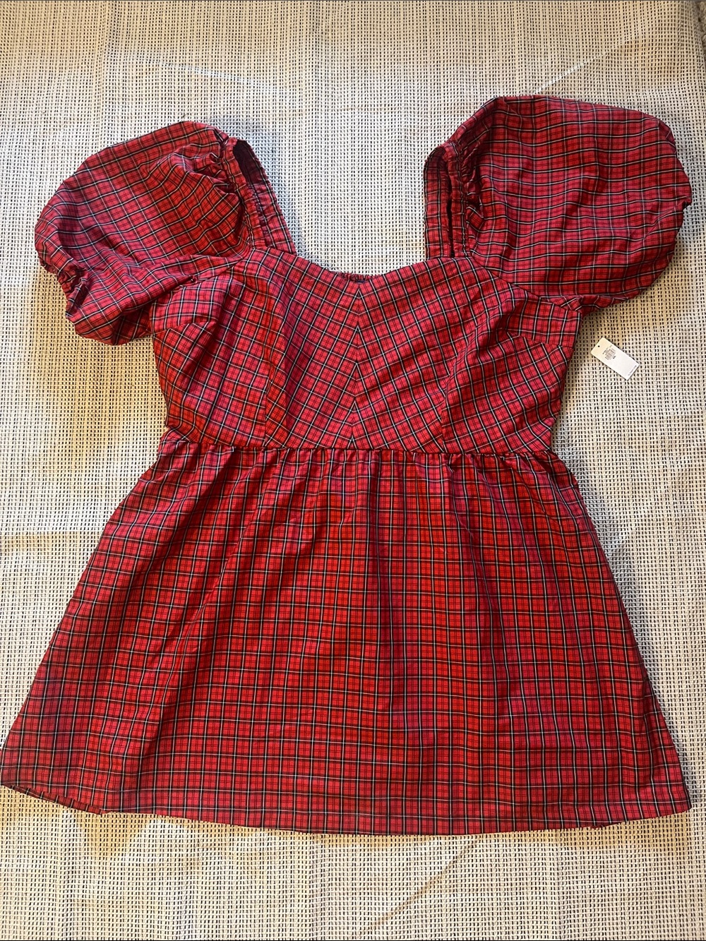 Old Navy Red Plaid Puff-Sleeve Casual Dress